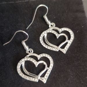 Silver rhinestone heart dangle earrings